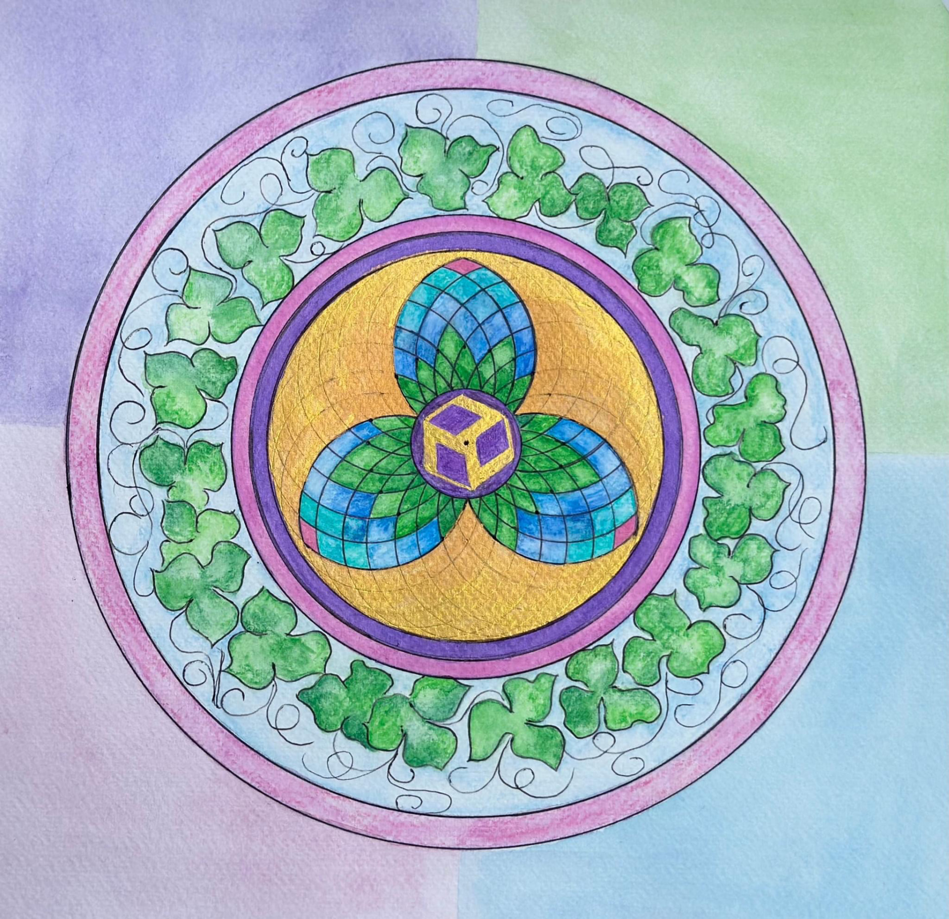Akvarelinė mandala su trimis lapais centre ir gebenių vainiku